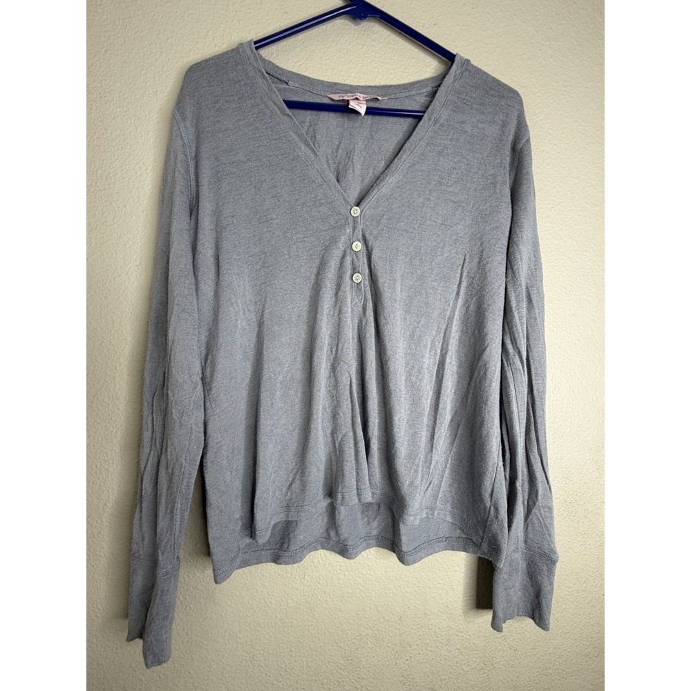 Victoria's Secret Henley Top Gray Long Sleeve V Neck 3 Button Soft Slub M